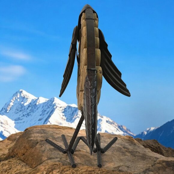 Handmade Metal W/Wood Circles Body Bird One of A kind Rebar legs Brown painted - Picture 5 of 9